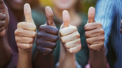 Wall Mural - A close-up of diverse hands giving thumbs up in unity, expressing support, trust, and approval for a successful business endeavor.
