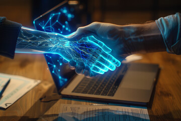 Poster - A person shaking hands with a robotic hand coming out of a laptop
