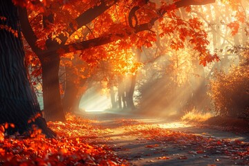 Autumn forest path. Orange color tree, red brown maple leaves in fall city park. Nature scene in sunset fog Wood in scenic scenery Bright light sun Sunrise of a sunny day - generative ai