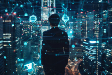 Poster - A man in a suit stands in front of a city skyline
