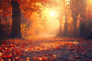 Wall Mural - Autumn forest path. Orange color tree, red brown maple leaves in fall city park. Nature scene in sunset fog Wood in scenic scenery Bright light sun Sunrise of a sunny day - generative ai