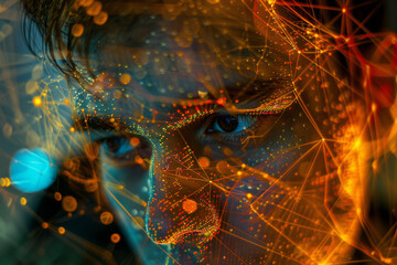 Poster - A close up of a man 's face with lines and dots on it