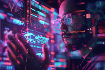 Poster - A man wearing glasses is looking at a computer screen