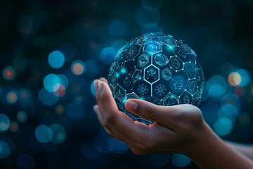 Poster - A hand holding a sphere with icons on it