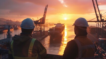 Wall Mural - Two engineers in hard hats looking out at a busy shipping port at sunset.Water transportation industry, logistics, cruise ship production, transport ship production, fisheries