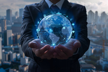 Poster - A man in a suit holds a glowing globe in his hands