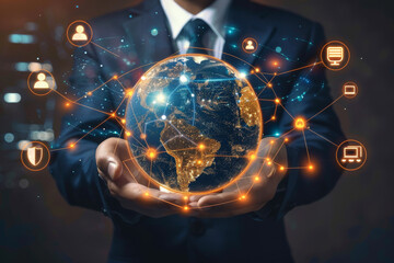Poster - A man in a suit holds a glowing globe in his hands