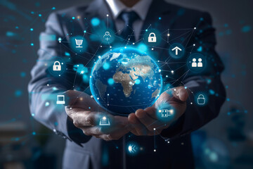 Poster - A man in a suit is holding a glowing globe in his hands