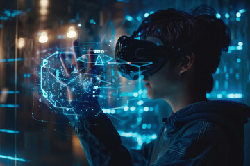 Poster - A man wearing a virtual reality headset looks at a screen