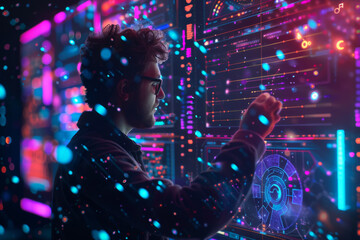 Poster - A man is looking at a screen that has a circle on it