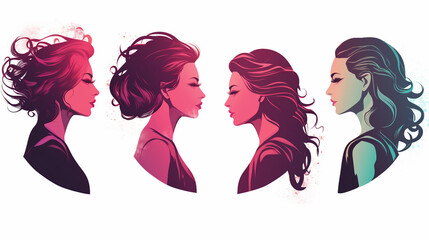 Wall Mural - Diverse Women Silhouette Portraits: Elegant Hand-Drawn Illustrations for Invitations and Postcards Featuring Beautiful Girls with Hairstyles - Vector Art Collection