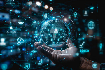 Poster - A hand holding a digital globe with numbers surrounding it