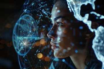 Poster - A woman is looking at a computer screen with a globe on it