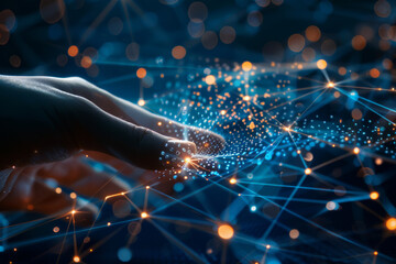 Poster - A person 's hand is reaching out towards a glowing network