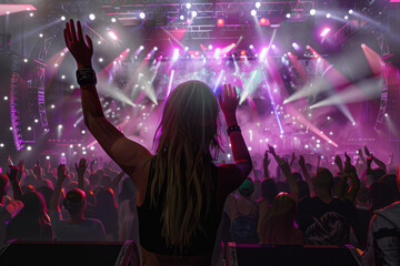 Poster - A woman stands in front of a crowd at a concert with her hands in the air