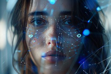 Poster - A close up of a woman 's face with lines and dots on it