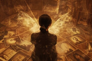 Aufkleber - A woman standing in front of a wall of pictures. Ideal for interior design or gallery concepts