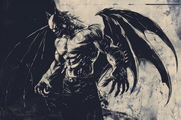 Poster - A black and white drawing of a demon. Suitable for Halloween themes