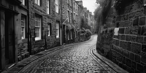 Poster - A classic black and white photo of a charming cobblestone street. Perfect for historical or vintage themes