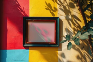 Aufkleber - A picture frame hanging on a colorful wall. Suitable for interior design concepts