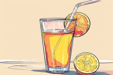 Poster - A glass of orange juice with a straw and a slice of orange. Perfect for food and beverage concepts