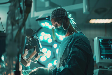 Poster - A surgeon is working on a robotic arm in an operating room