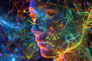 Poster - A woman 's face is surrounded by glowing lines and dots