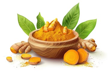 Poster - A wooden bowl filled with turmeric and leaves. Perfect for health and wellness concepts
