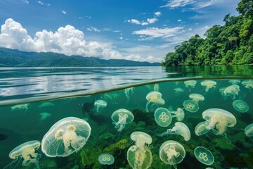 Poster - A bunch of jellyfish swimming in the water. Suitable for marine life concepts
