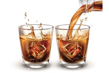 Poster - Two glasses filled with liquid and ice cubes. Suitable for beverage or party themes