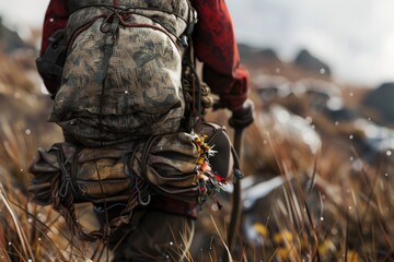 Aufkleber - A man with a backpack walking through a field. Suitable for outdoor and adventure themes