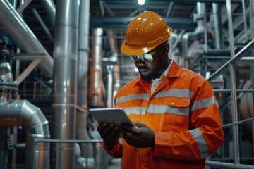 Poster - A man in a hard hat and orange jacket using a tablet. Ideal for construction and technology concepts