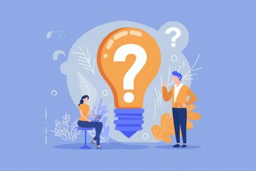 Poster - A man and a woman standing next to a light bulb with a question mark. Suitable for business and idea concepts