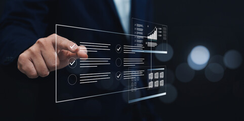 Poster - Businessman analyzing company's financial revenue and profit with value increasing charts, information computer system technology, using data to calculate business strategy, document share transfer.