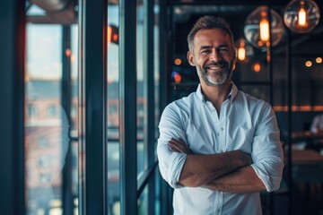 Poster - A man standing with arms crossed in front of a window. Suitable for business or lifestyle concepts