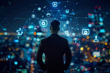 Poster - A man in a suit looks at a screen with icons on it