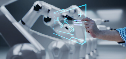 Leinwandbilder - Engineer hand monitoring robotic AI arms in manufacturing factory plant, manager managing controlling using computer holographic ui display analysis technology, engineer, dark banner background.