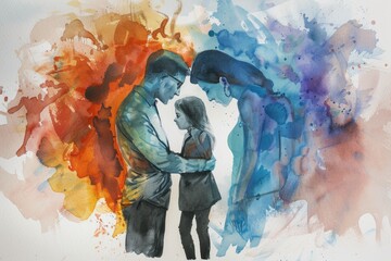 Poster - A painting of a man and a woman embracing. Suitable for various romantic concepts