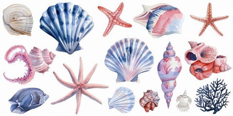 Poster - A variety of seashells and starfish on a white background. Perfect for beach-themed designs