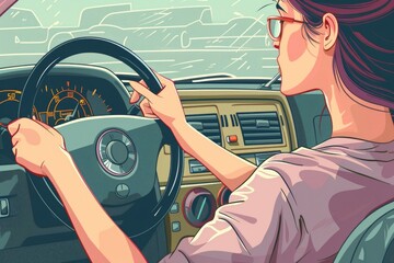 Poster - Woman driving a car, suitable for transportation concepts