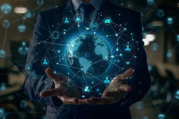 Poster - A man in a suit and tie holds a globe in his hands