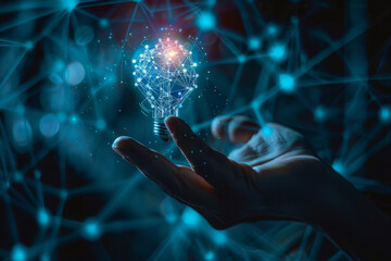 Poster - A hand is holding a light bulb that is glowing in the dark