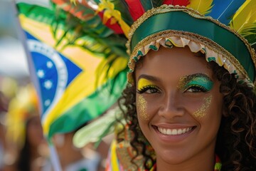 Wall Mural - A woman wearing a vibrant headdress with feathers. Ideal for cultural and fashion concepts