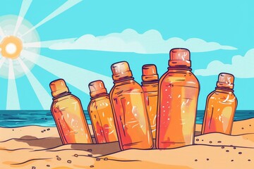 Poster - Various bottles lined up on a sandy beach, perfect for environmental or summer themed projects