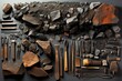 collection of rocks and tools. The tools are made of different materials, including metal, wood, and stone. The rocks are of different sizes and shapes.