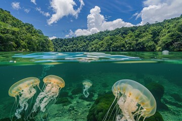 Poster - A group of jellyfish swimming in the water. Ideal for marine life concepts