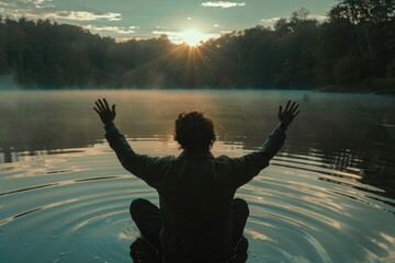 Poster - Person sitting in body of water with hands in the air, suitable for various concepts