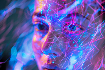 Poster - A close up of a woman 's face with blue and purple lights behind her