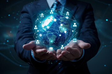 Poster - A man in a suit and tie holds a glowing globe in his hands