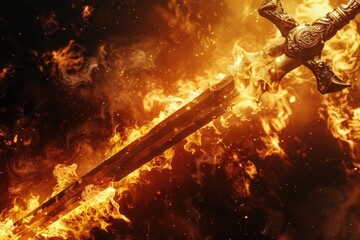 Sticker - A sword engulfed in flames, creating a dramatic scene. Suitable for fantasy or battle-themed projects